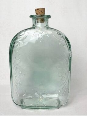 Vintage Sage Green Glass Bottle Floral Embossed With Cork Stopper 9” Tall Canada